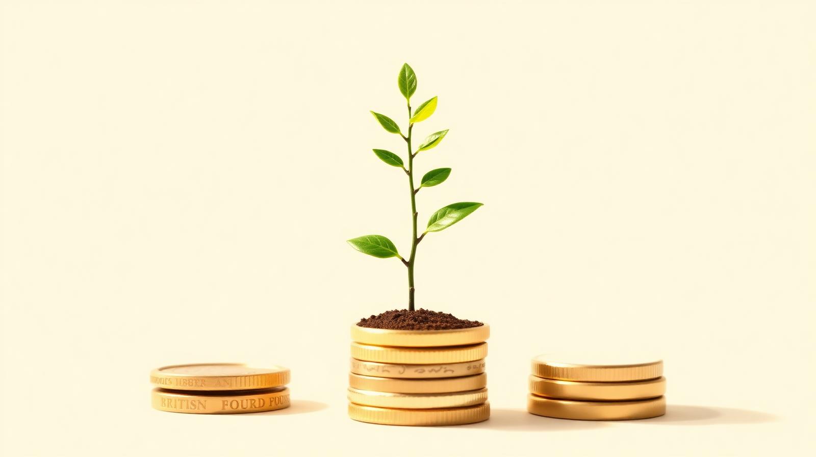 Small ethical investments growing — a green sapling rising from a stack of British pound coins