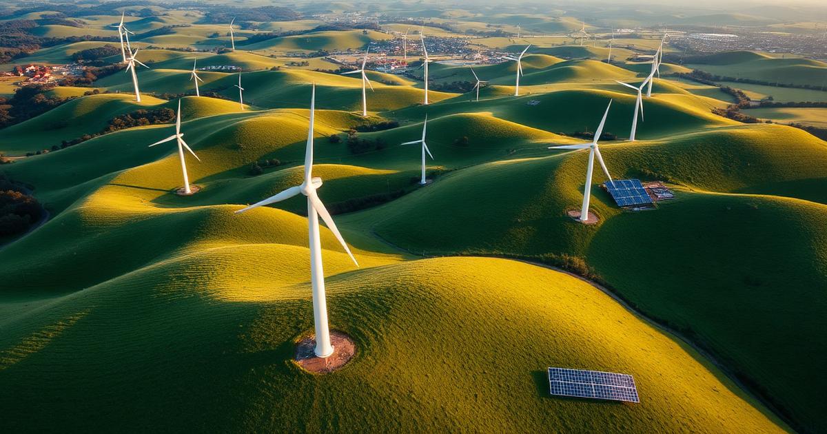 UK renewable energy investment — wind turbines and solar panels across green countryside