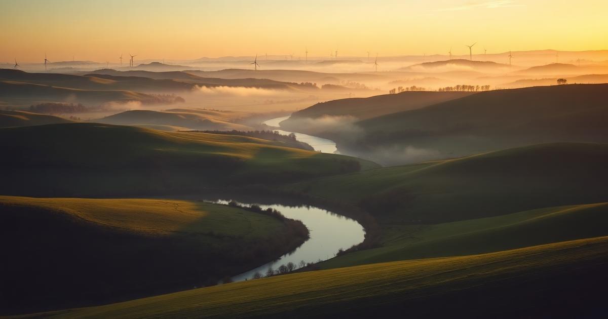Soft UK countryside at golden hour with distant wind turbines — clarity and transparency in sustainable finance