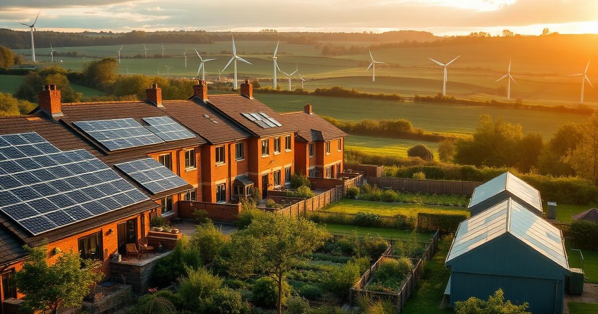 UK impact investing — sustainable community with solar panels and green infrastructure